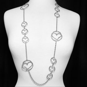Long Heart Circles Silver Necklace Earrings Set